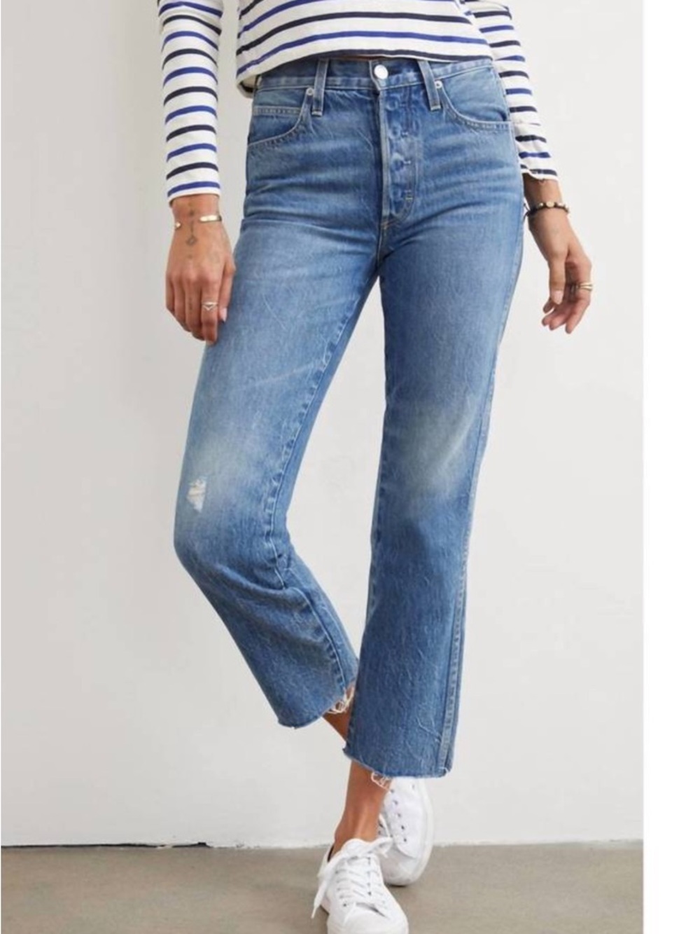 New Amo size 28 Loverboy Stargaze crop raw hem blue denim jeans button fly